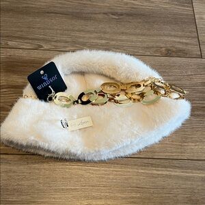 Women’s Windsor White Bucket Fur Hat, Pearl Ring Sz S-M, Gold chain belt, NWT